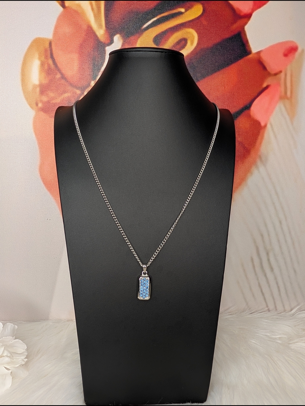 Silver Necklace with Blue Druzy Pendant - Men Jewelry Stainless Steel.